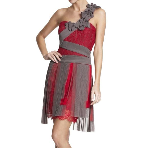 BCBGMAXAZRIA Runway Pink Lace Gray Mesh Ribbon Floral One Shoulder Dress Size 0 - Picture 2 of 12